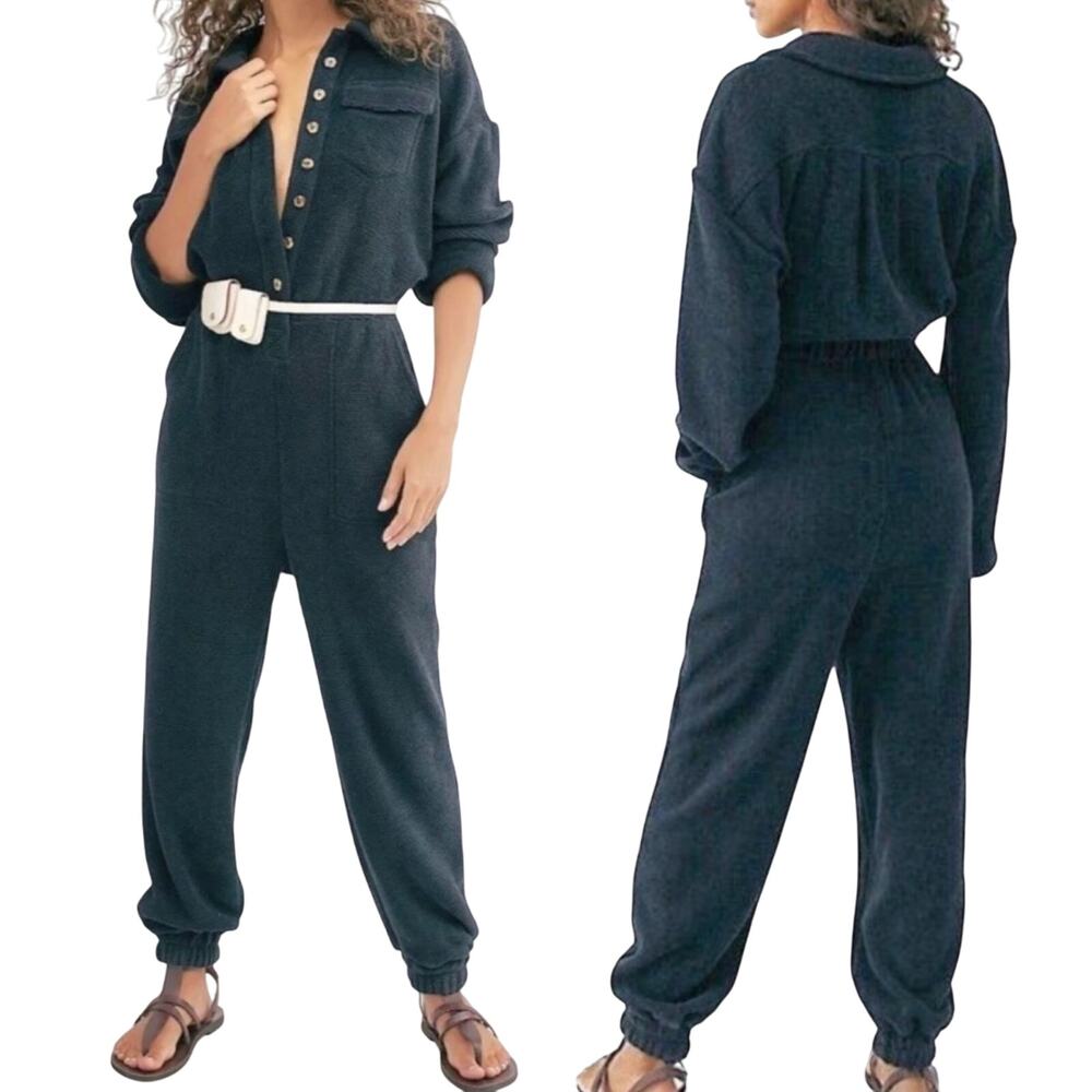 Free People Beach Ride Or Die Jumpsuit Chenille Knit Oversized Slate Blue Small